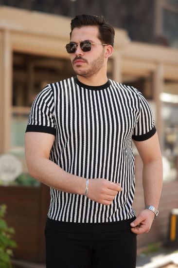 Erkek Siyah Beyaz örme Pamuklu Kumaş Kısa Kollu T-shirt resmi